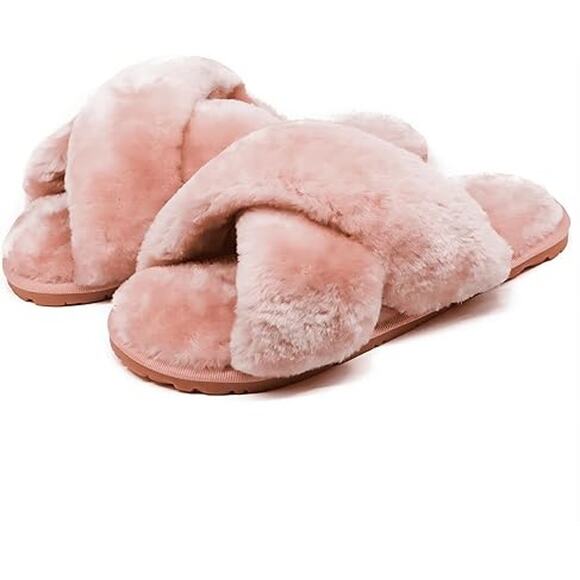 Crazy Lady Womens Size 8 Pink Fuzzy Fluffy Slide On Rubber Sole House Slippers - Picture 1 of 7
